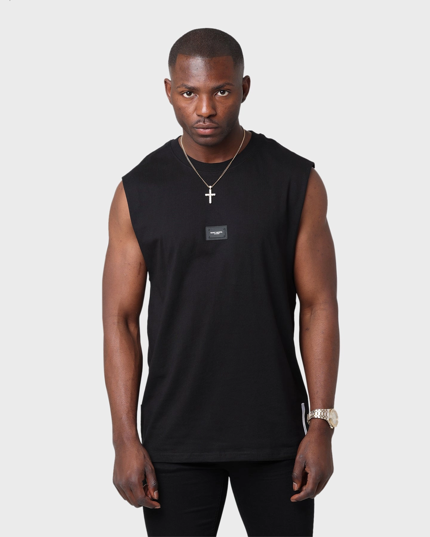Anti Perspiration Lining UV Protective Fabric Saint Morta Annex Premier Oversized Muscle T-Shirt Black/Black