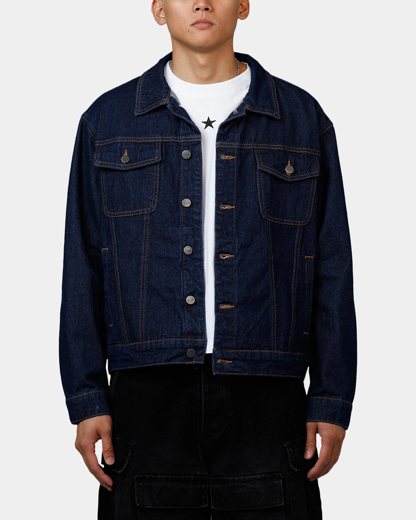 Oversized Fit Stretchable Saint Morta Boxy Denim Jacket Indigo/Tan