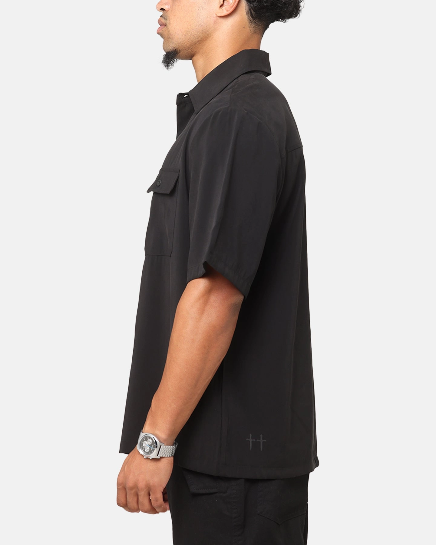 Laser Cut Edge Detail Saint Morta Cargo Button Up Shirt Black