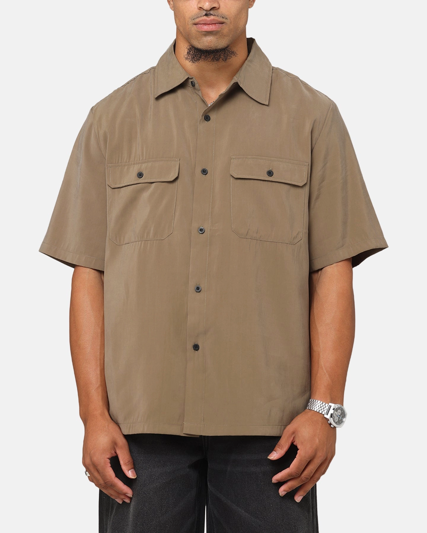 Micro Perforated Texture Saint Morta Cargo Button Up Shirt Khaki Green