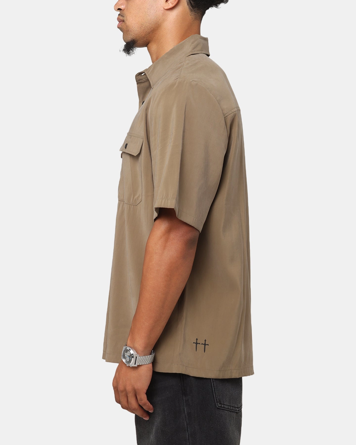 Layered Hemline Saint Morta Cargo Button Up Shirt Khaki Green
