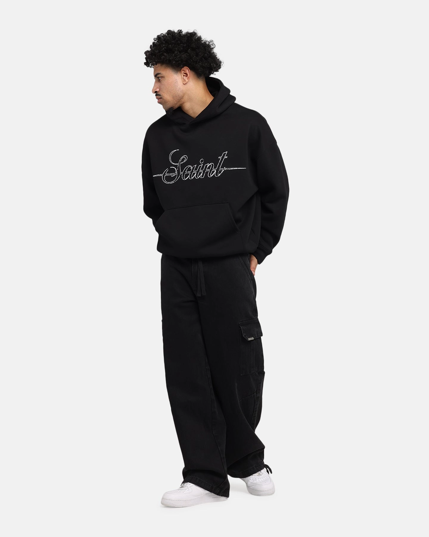 Saint Morta Cursive Boxy Hoodie Black Mode Feel Weekend Brunch