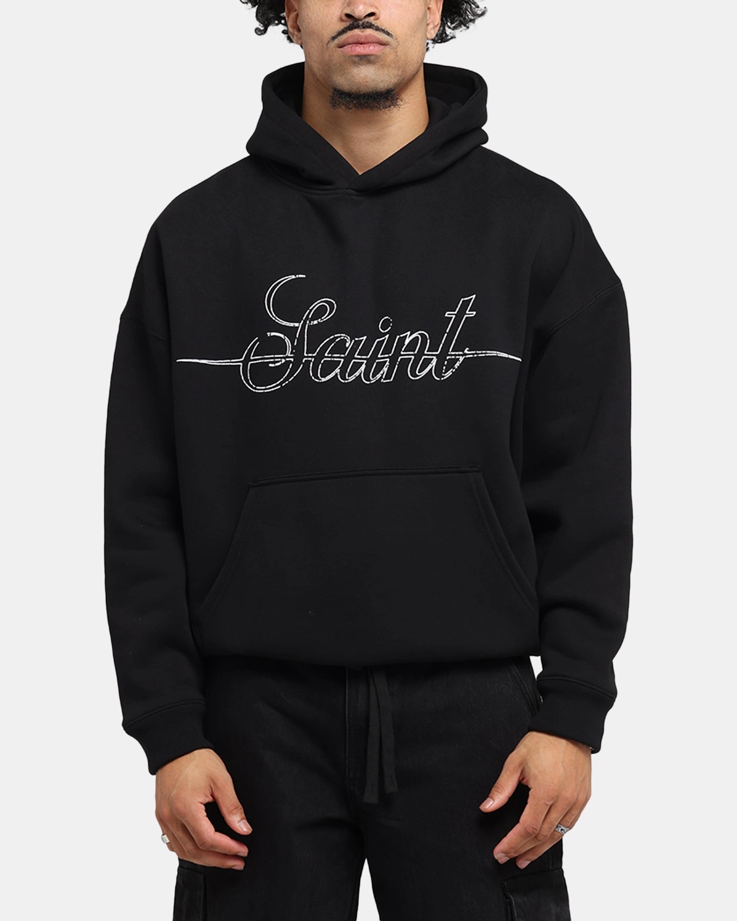 Saint Morta Cursive Boxy Hoodie Black Premium Finish