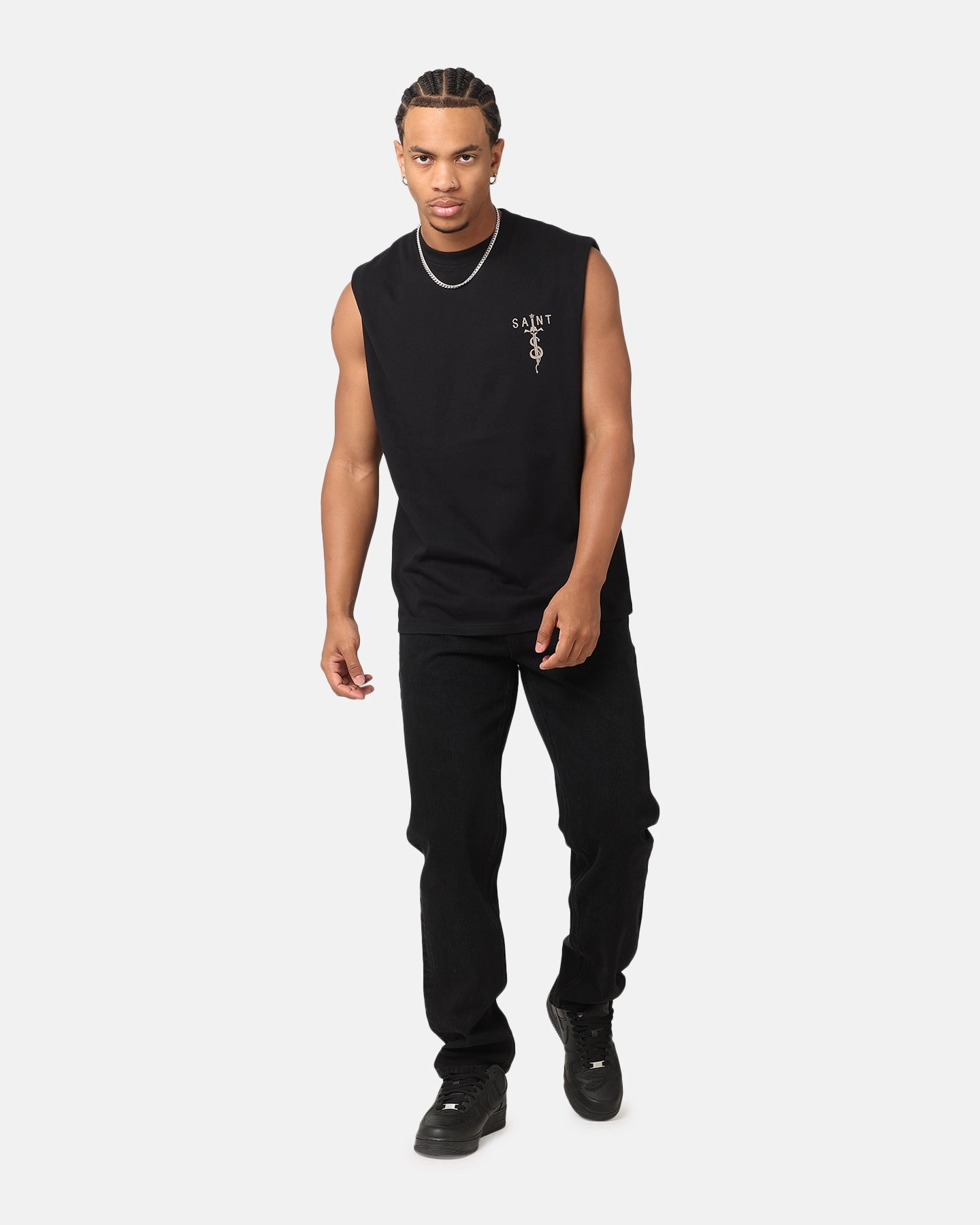 Saint Morta Daggers Oversized Muscle T-Shirt Black/Brown Curved Hemline