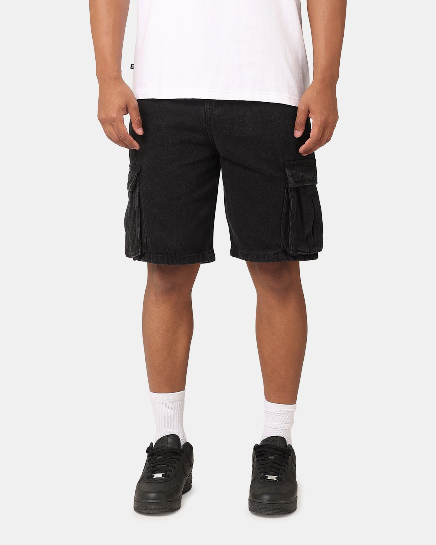 Microfiber Blend Fabric Saint Morta Denim Cargo Shorts Washed Black