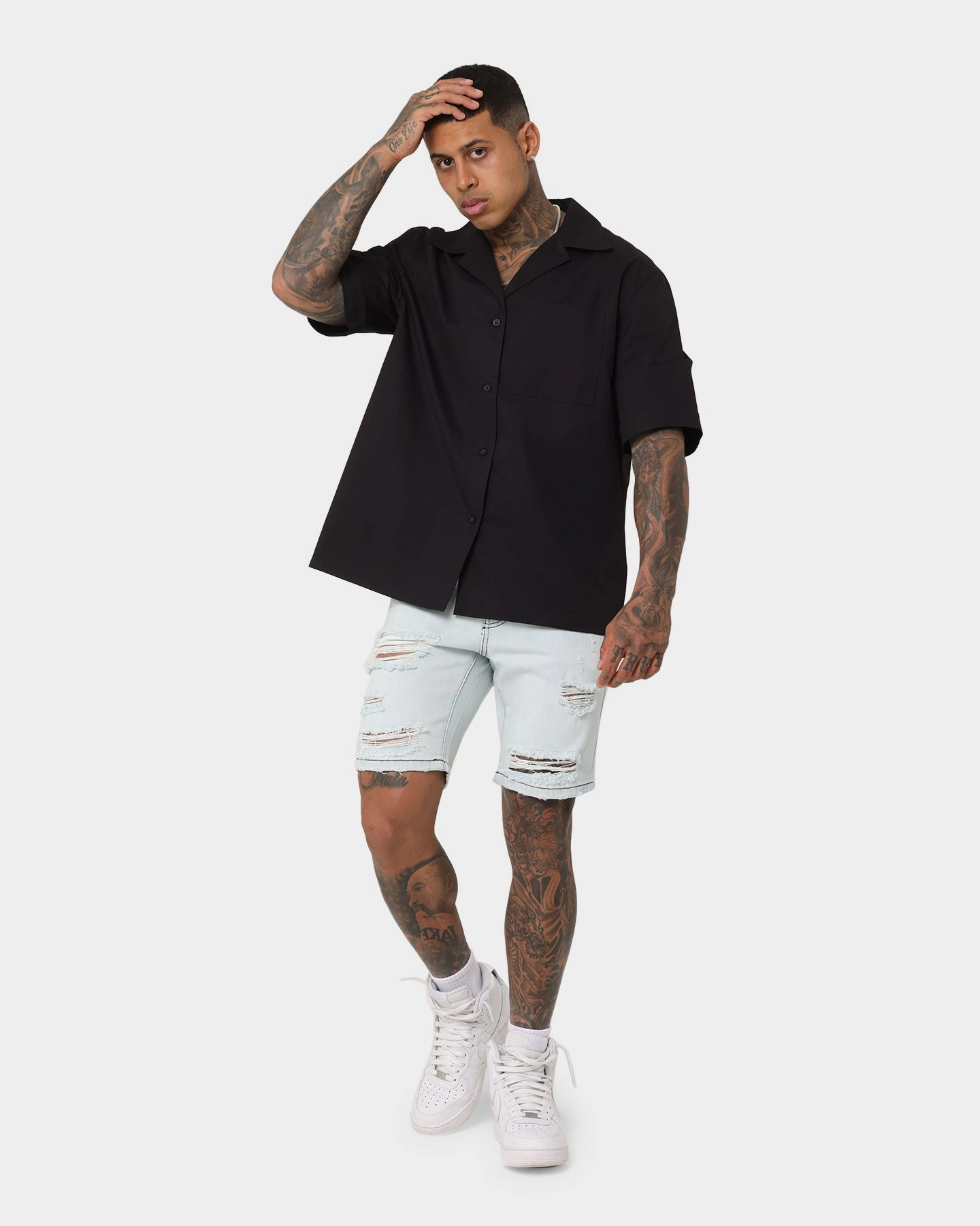 Saint Morta Destroyer Distressed Shorts Ice Blue camisole