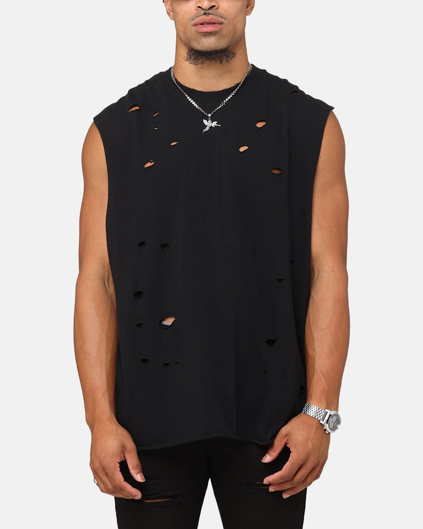 Saint Morta Distressed Oversized Muscle T-Shirt Black Stretchable