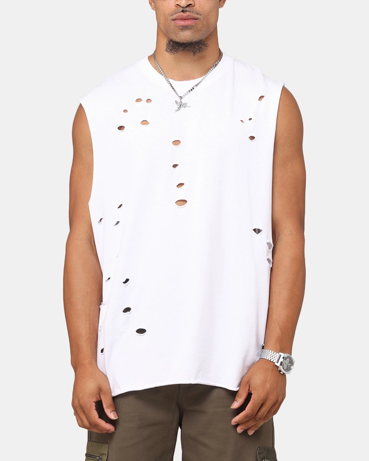 Durable Style Active Trend Look Saint Morta Distressed Oversized Muscle T-Shirt White