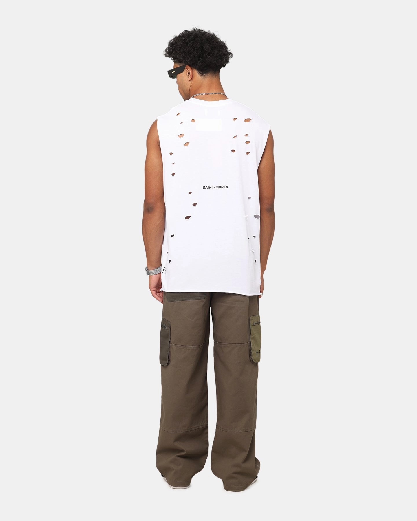 Comfy Choice Saint Morta Distressed Oversized Muscle T-Shirt White