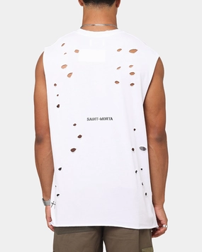 Striped Pattern Cool Comfort Saint Morta Distressed Oversized Muscle T-Shirt White