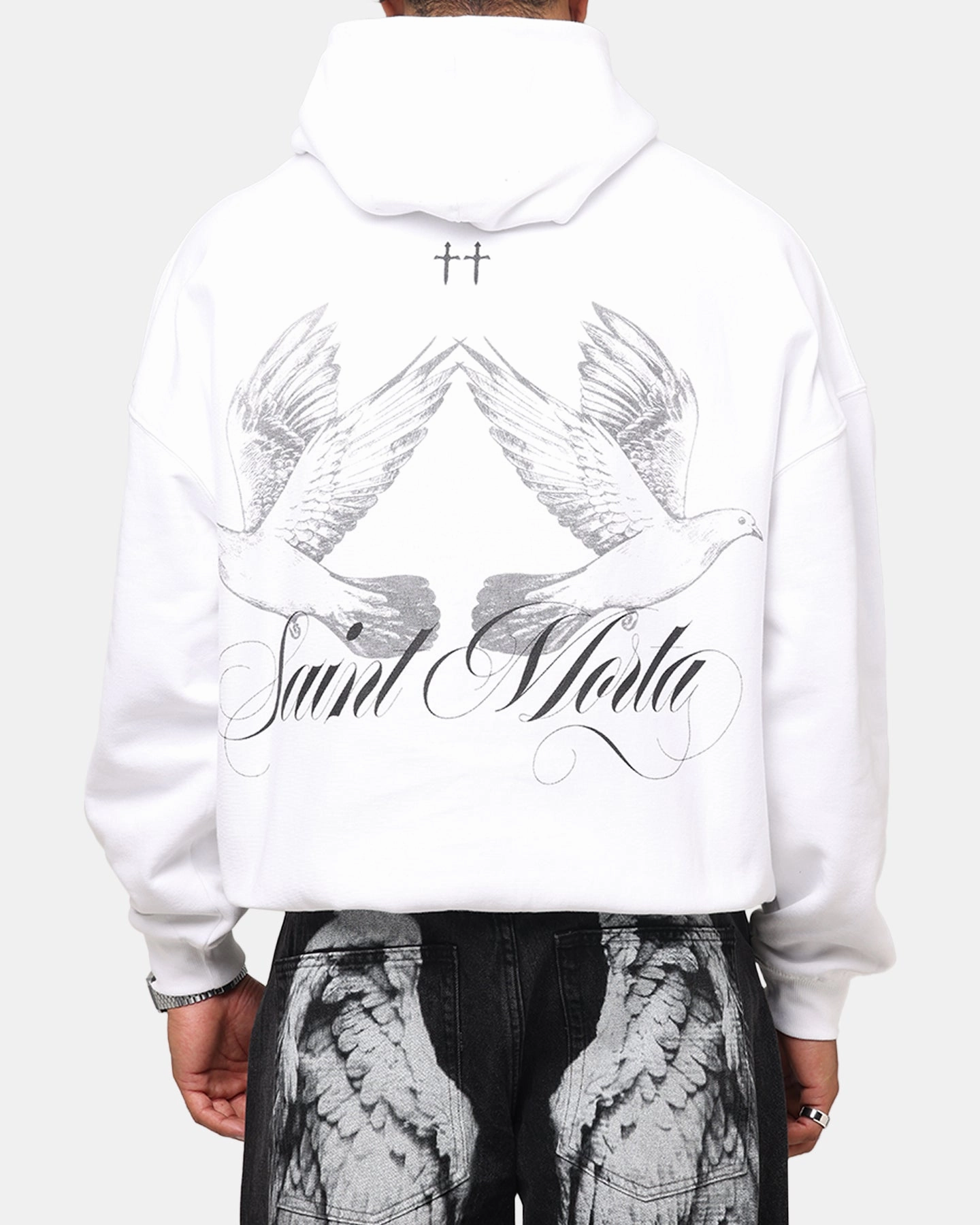Saint Morta Doves Boxy Hoodie White Reinforced Shoulder Panels Moisture Wicking Lining