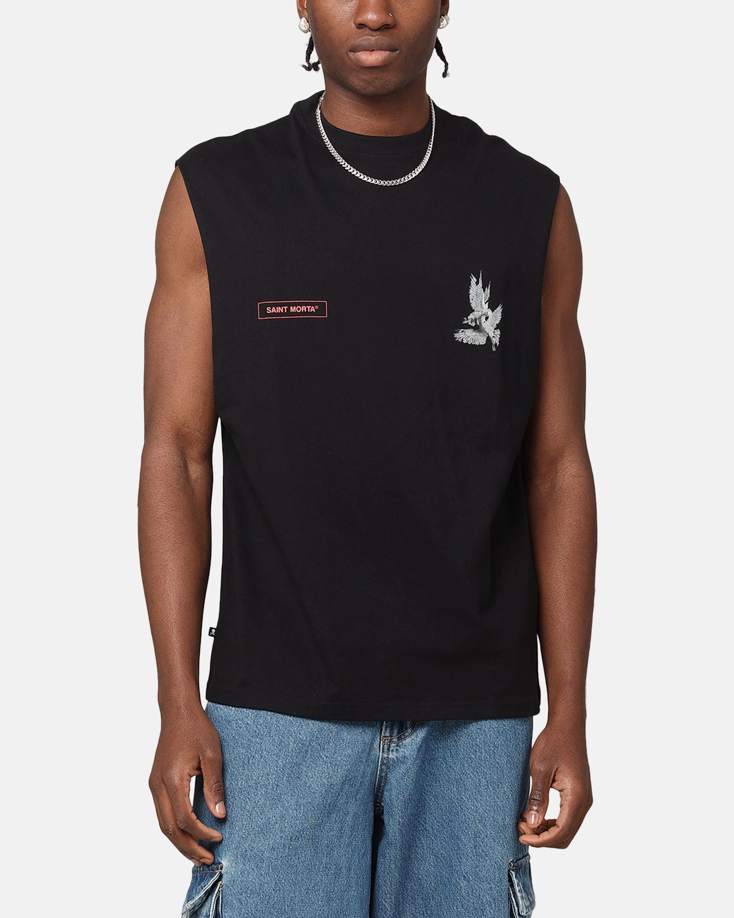 Saint Morta Doves Oversized Muscle T-Shirt Black Reinforced Neckline Layering Options