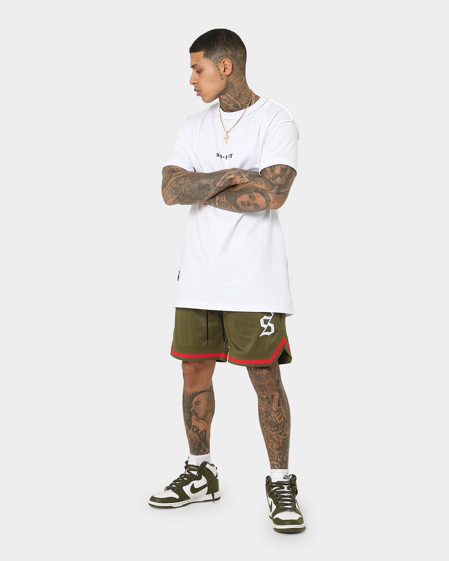 Saint Morta Envogue All-Star Basketball Shorts Khaki/Red Fade Resistant Dye Low Profile Zipper