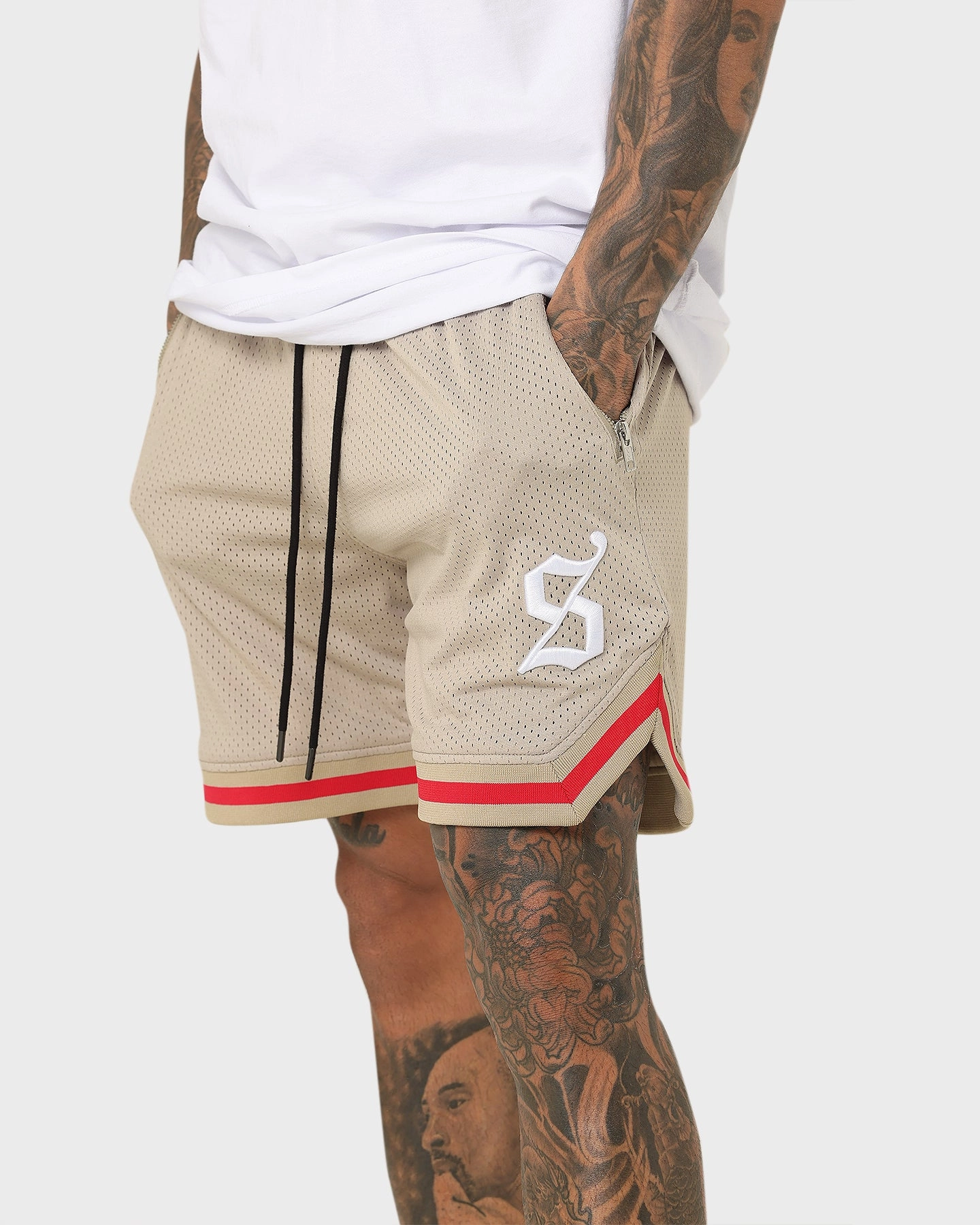 Saint Morta Envogue All-Star Basketball Shorts Stone/Red Flexible Side Panels Abrasion Resistant Material