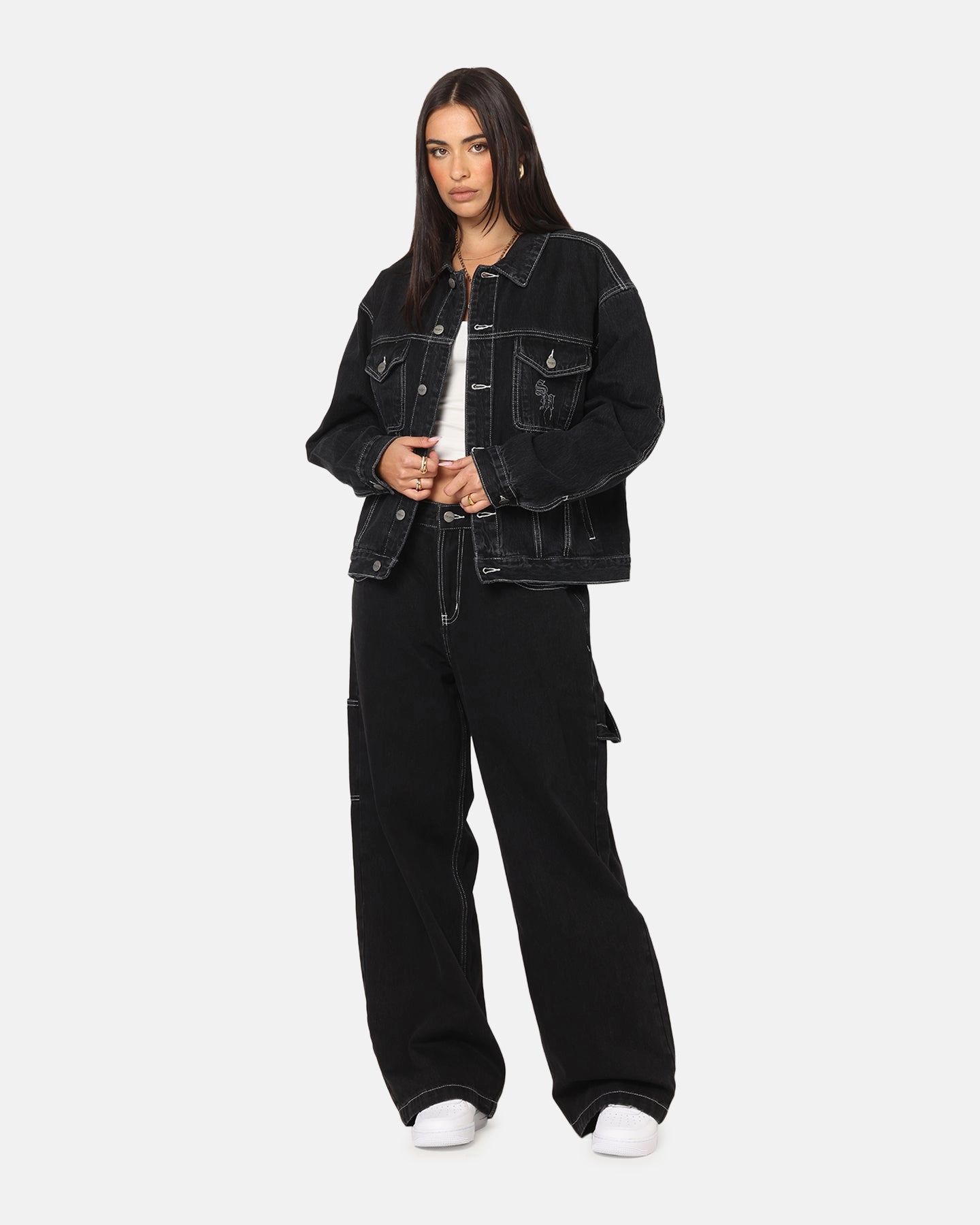 Saint Morta Fray Trucker Denim Jacket Contrast Black Casual