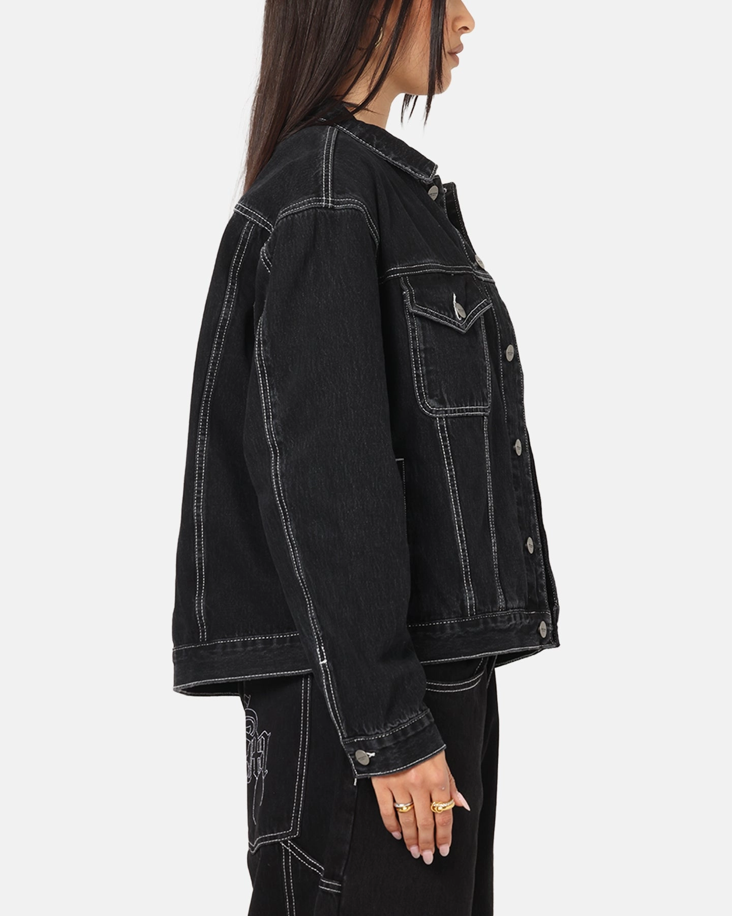 EcoFriendlyMaterial Saint Morta Fray Trucker Denim Jacket Contrast Black