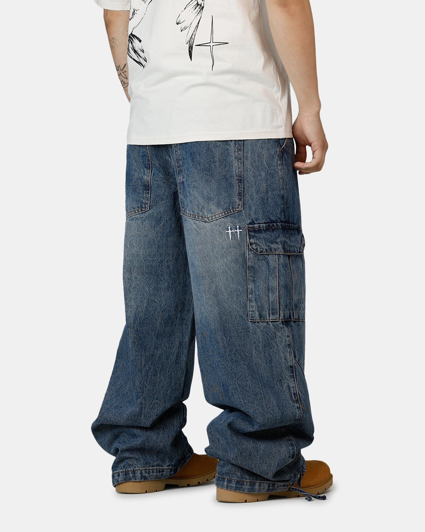 Saint Morta Gothic Denim Cargo Pants Dirty Denim Tapered Leg Design Cuffed hem