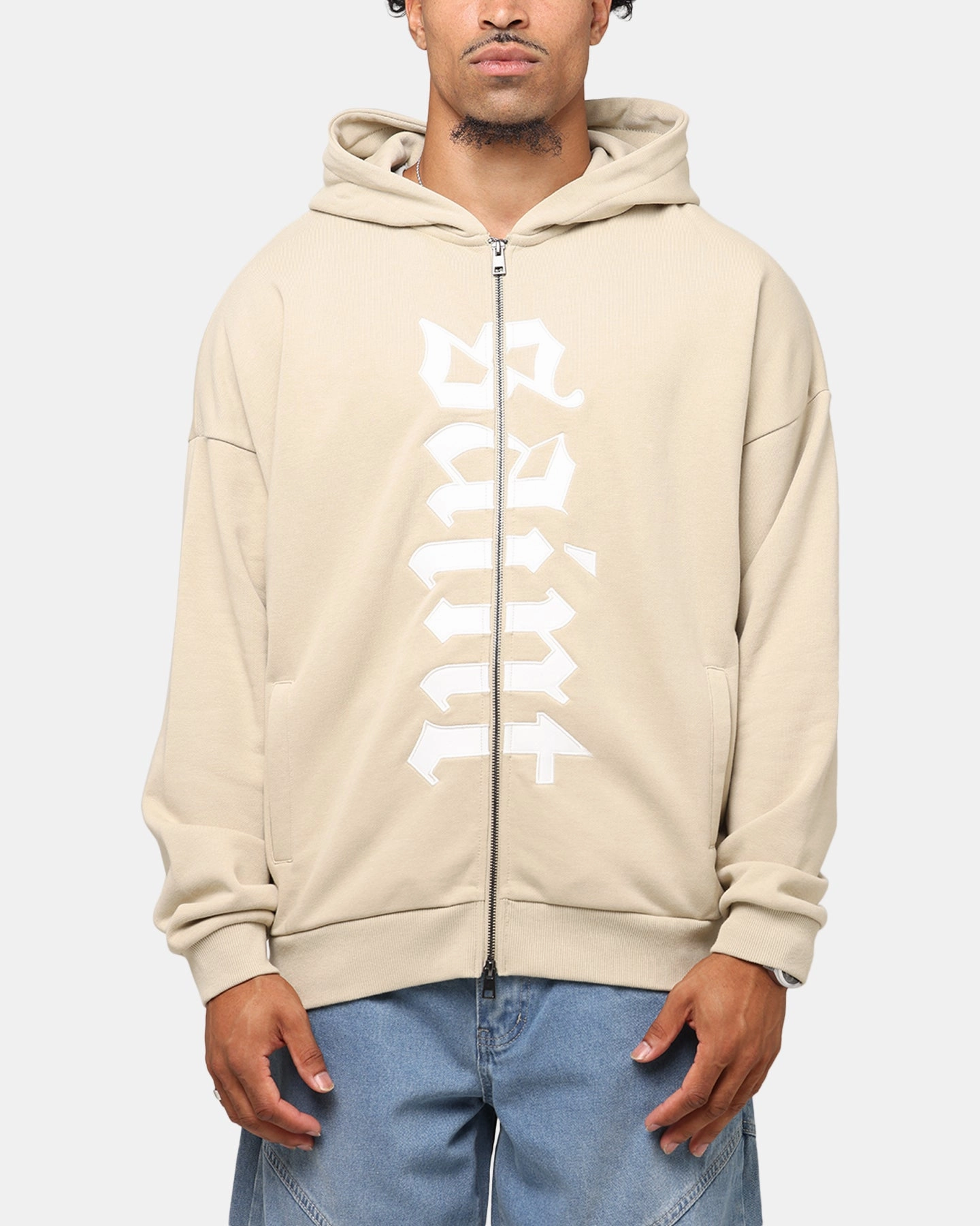 Saint Morta Gothic Distressed Zip Hoodie Stone Night Out Look Wallaby like