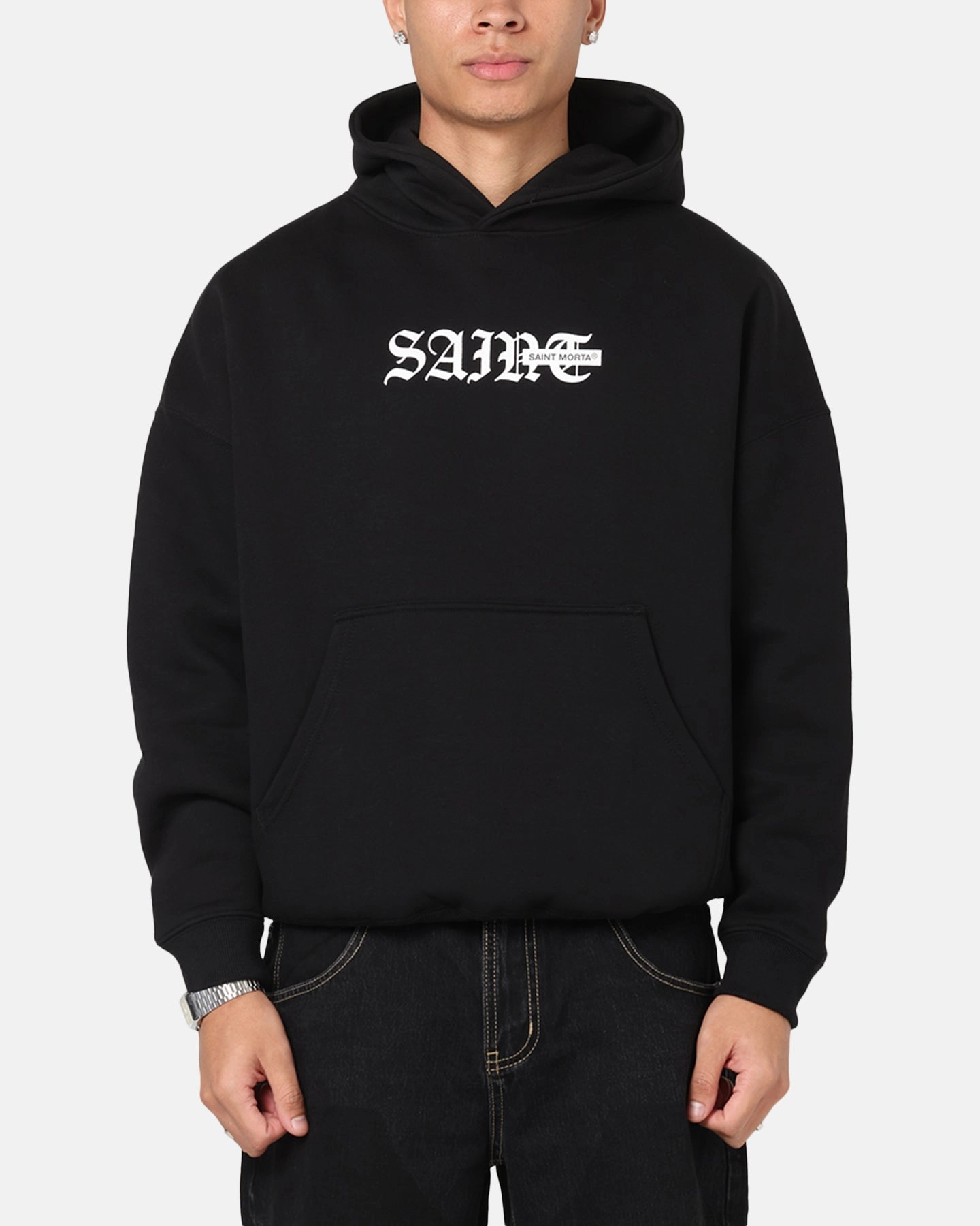 Saint Morta Gothic Stack Boxy Hoodie Black Denim Look Velvet Touch