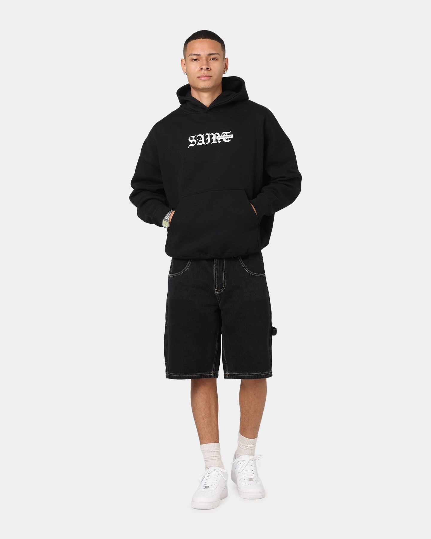 Saint Morta Gothic Stack Boxy Hoodie Black school wear Brushed Fleece