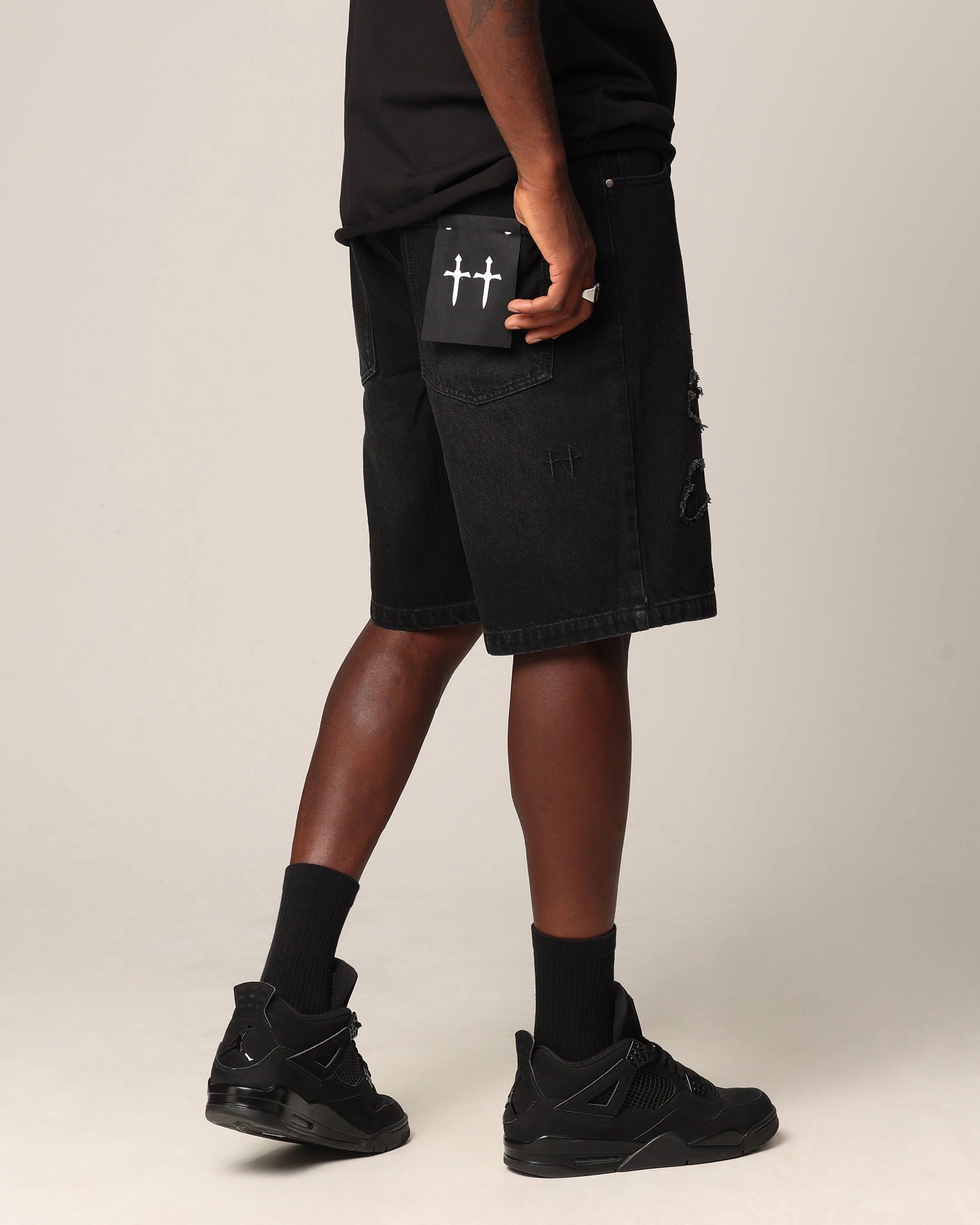 Saint Morta Half Skull Denim Shorts Washed Black Dual Zone Ventilation