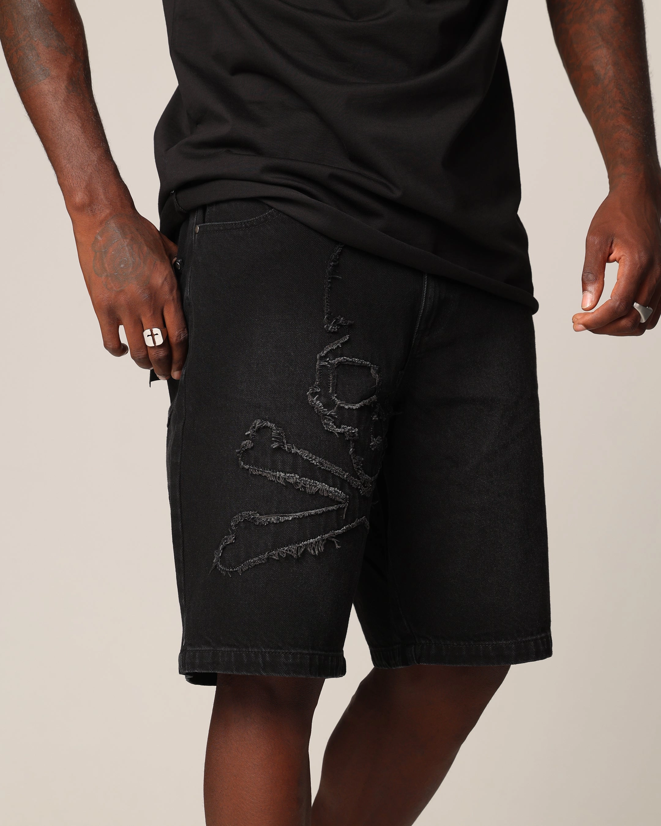 Saint Morta Half Skull Denim Shorts Washed Black checked shorts delivery work
