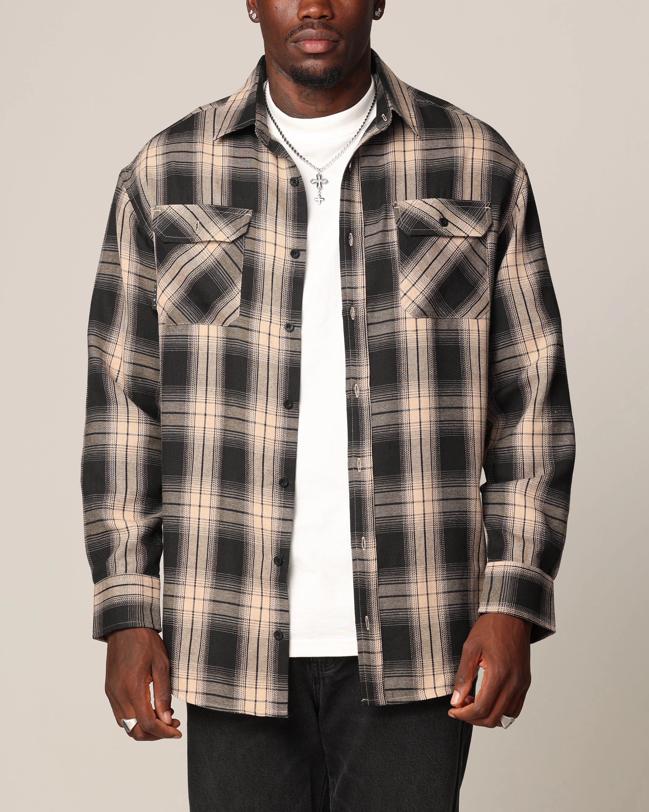 Saint Morta Icon Flannel Shirt Tan/Black Tailored Cuffs