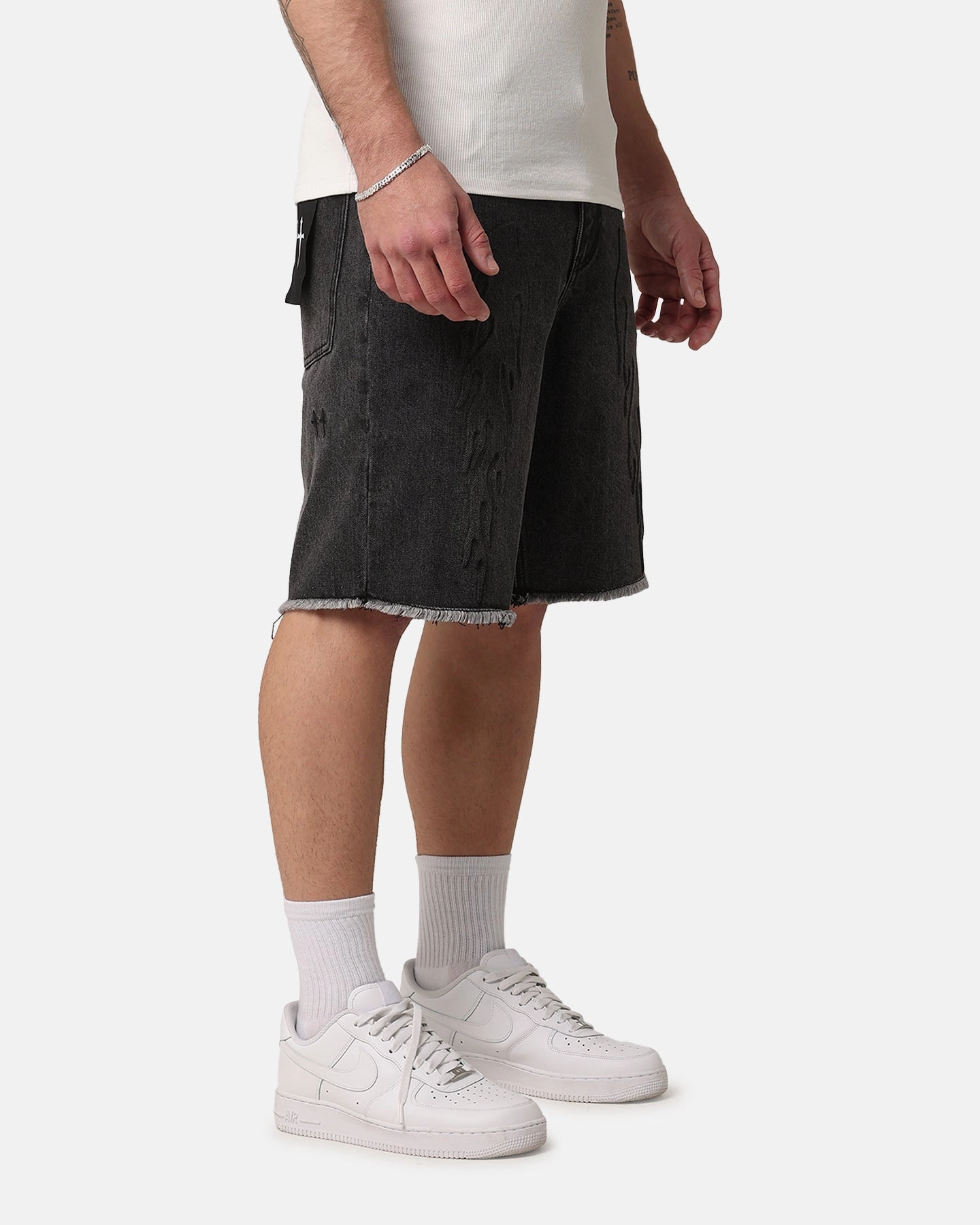 men's fashion Reflective Trim Detail Saint Morta Inferno Baggy Denim Shorts Black Shadow