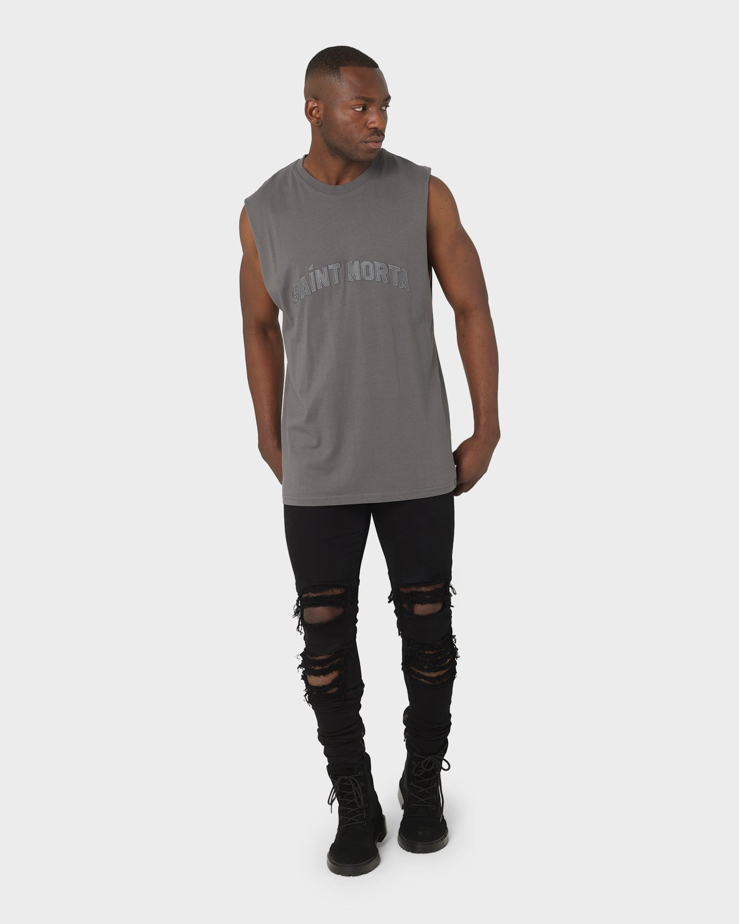 Saint Morta Kingdom Retro Muscle T-Shirt Off Dark Grey DurableStitching Classic Wear