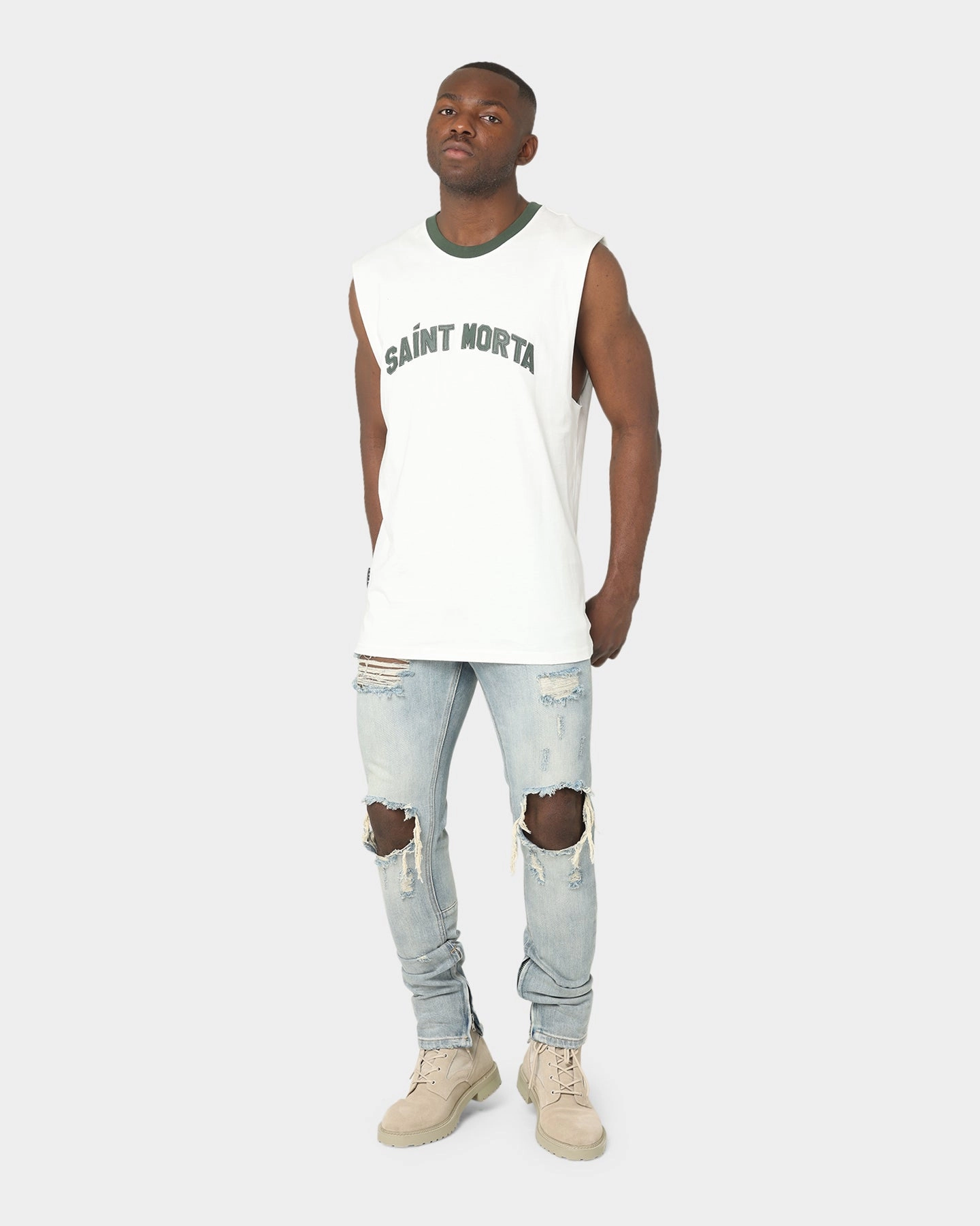 Saint Morta Kingdom Retro Muscle T-Shirt Off White/Green Anti Pilling Finish Weekend Style