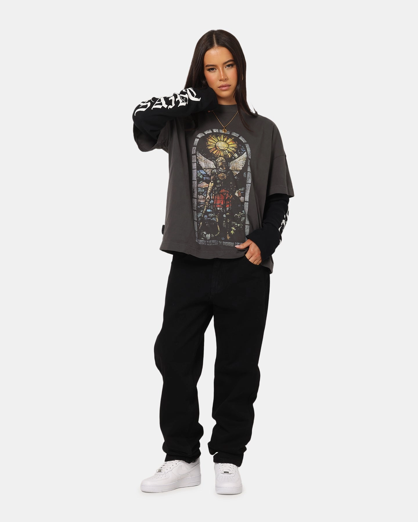 Trendy Vibes Wear Textured Surface Saint Morta Kingdomcome Long Sleeve T-Shirt Washed Charcoal