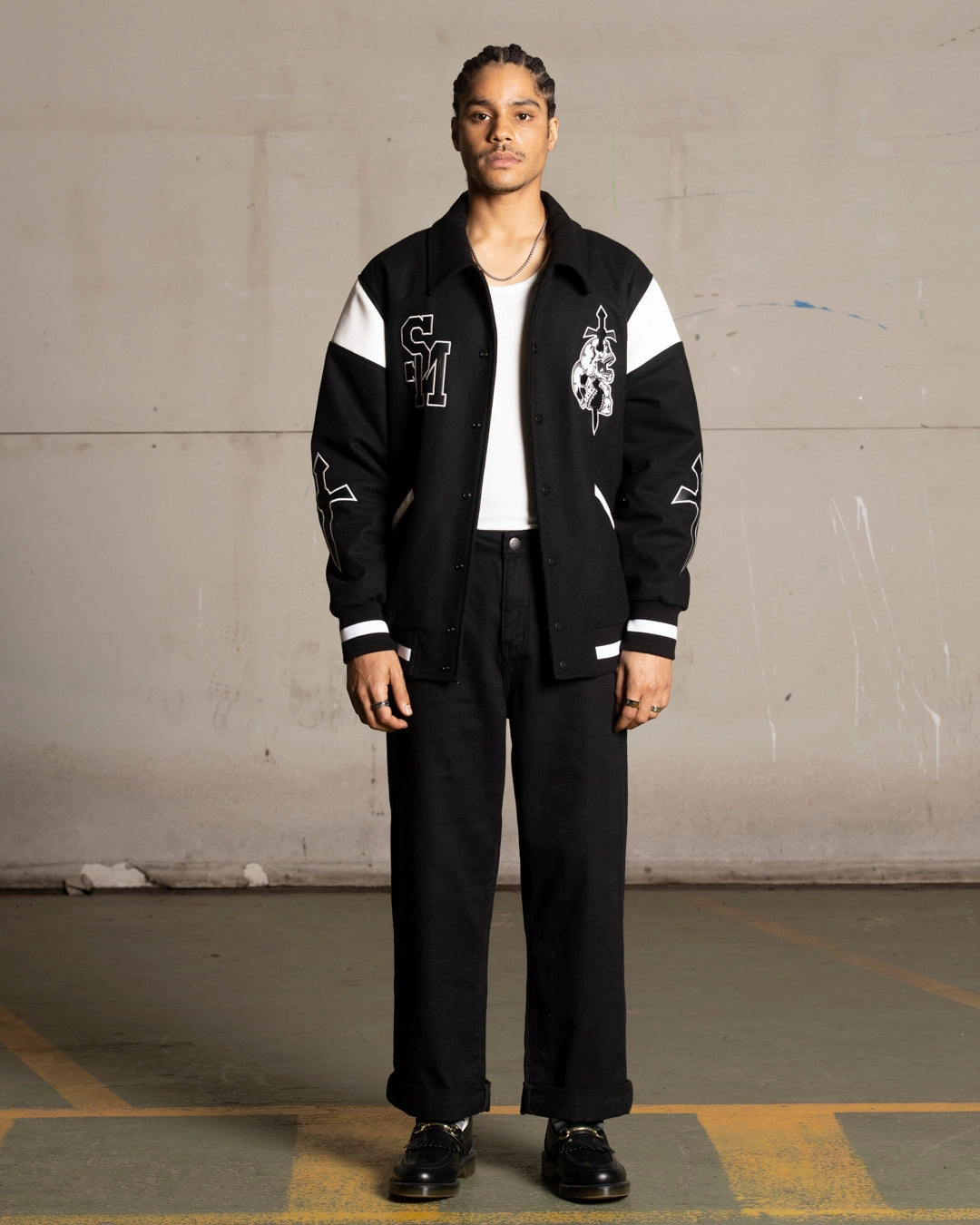 Bond Appreciate Saint Morta La Rambla Varsity Jacket Black/White