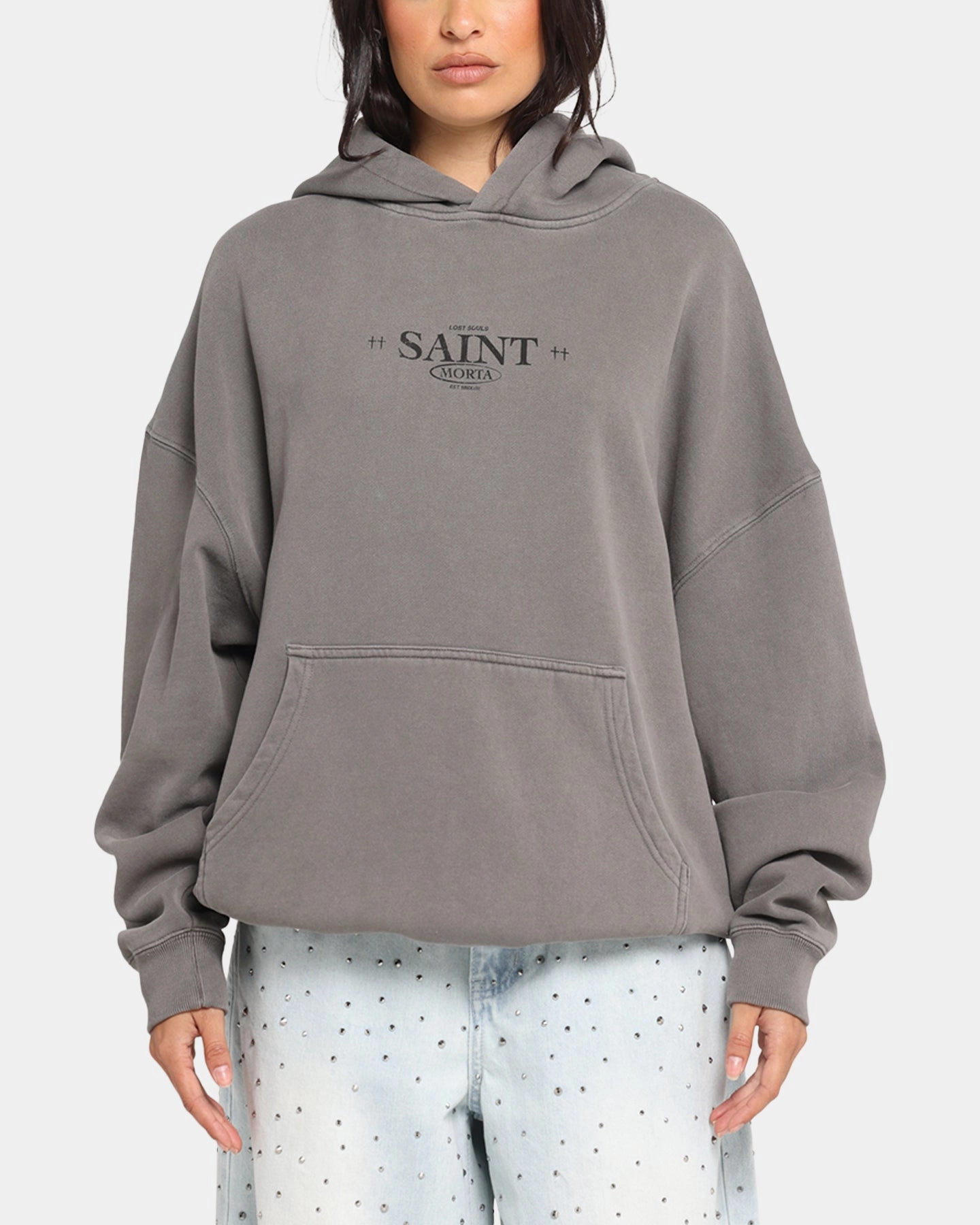 Saint Morta Lost Souls Boxy Hoodie Washed Charcoal Athletic Wear