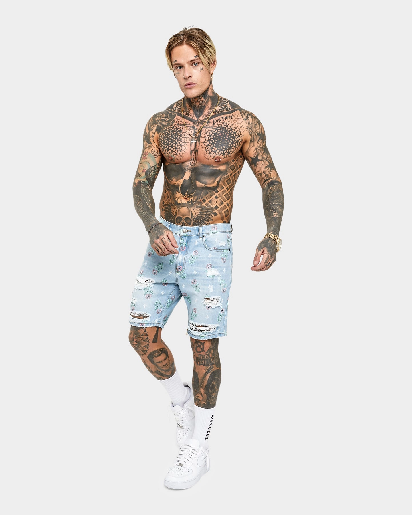 Athletic Cut Saint Morta Lover Distressed Denim Shorts Superwash Blue