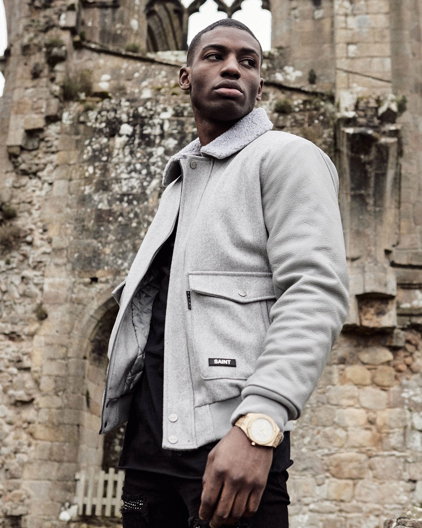 Packable design Reflective Trim Saint Morta Maverick Sherpa Leather Jacket Light Grey