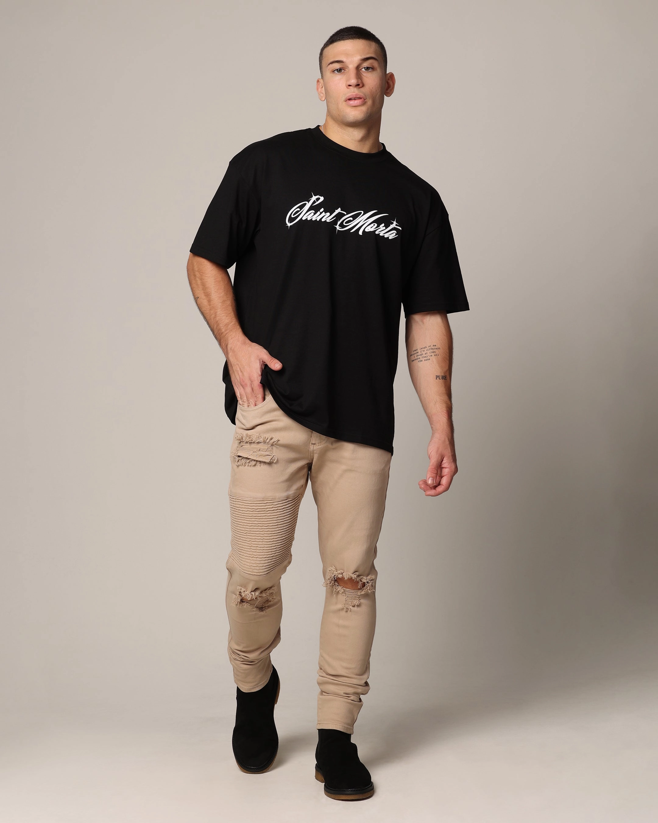 Saint Morta Men's Index Distressed Biker Jeans Bone Popular Style