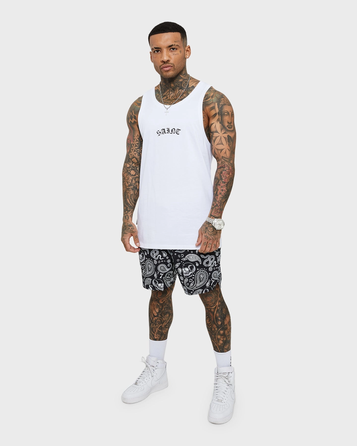 Saint Morta Paisley Skulls Beach Shorts Black/White Side Pockets Durable Hemming