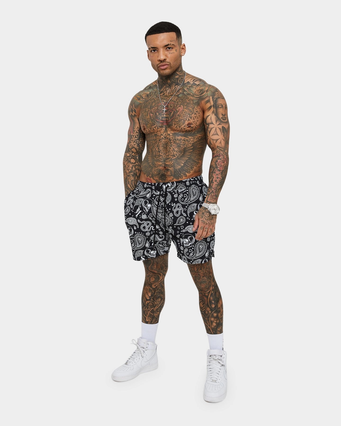 Saint Morta Paisley Skulls Beach Shorts Black/White Simple Appeal men's option