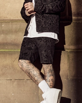 Wind Resistant Material Layered Cuff Design Saint Morta Paisley Skulls Denim Shorts Black/Black