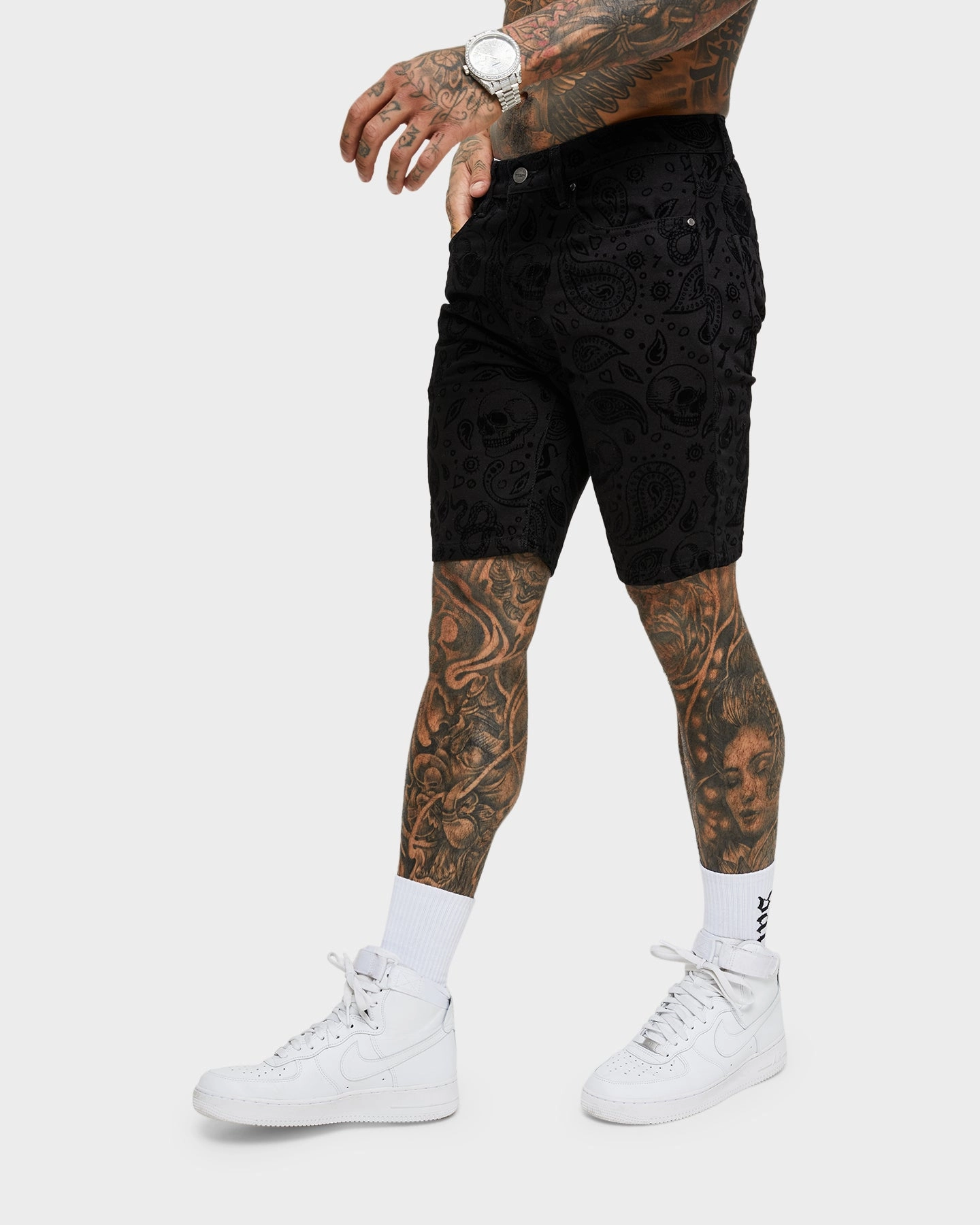 Saint Morta Paisley Skulls Denim Shorts Black/Black Stretch Comfort