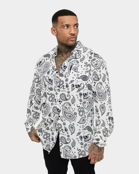 Saint Morta Paisley Skulls Long Sleeve Button Up Shirt White/Black Seamless Sides