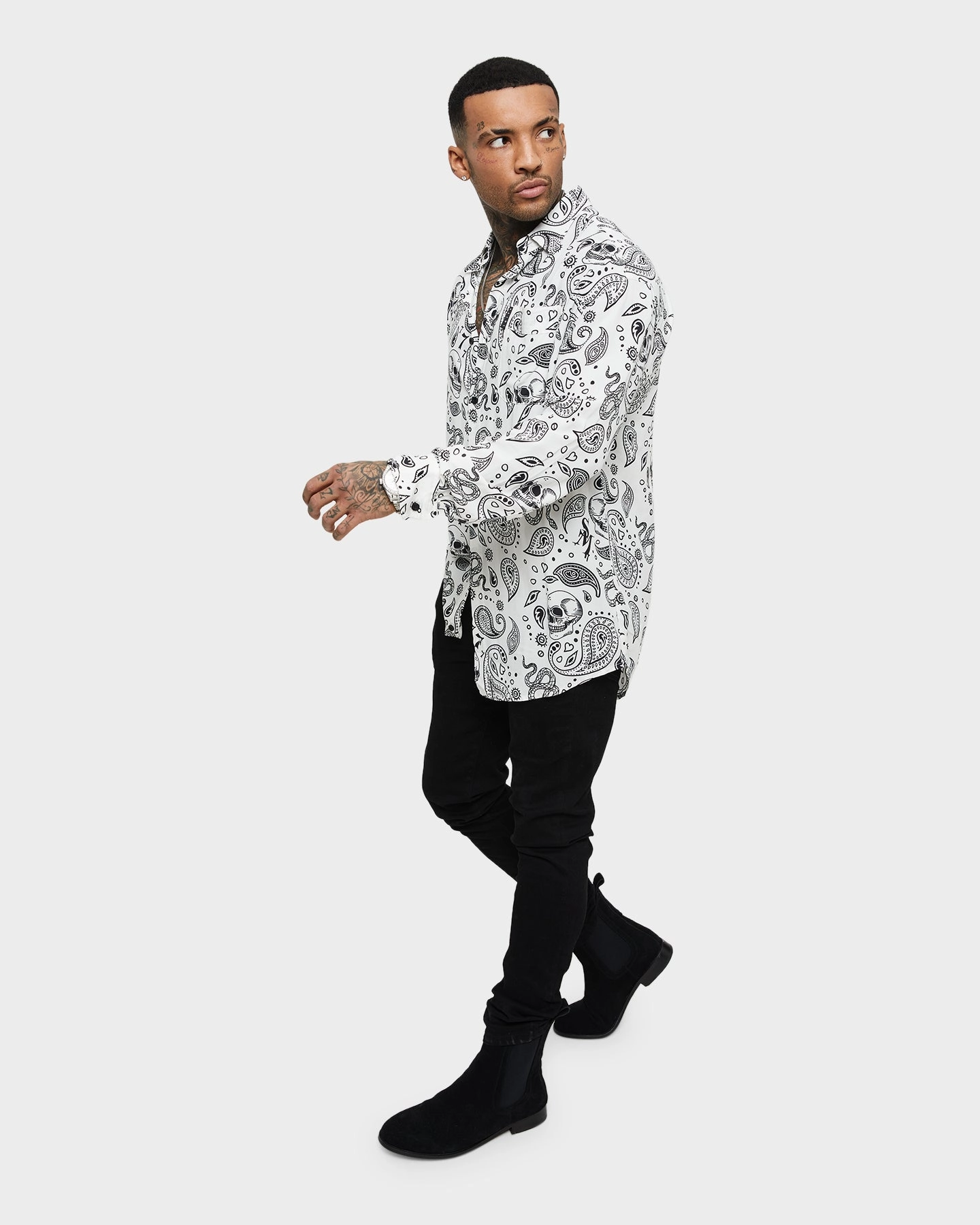 Saint Morta Paisley Skulls Long Sleeve Button Up Shirt White/Black Functional Pocket