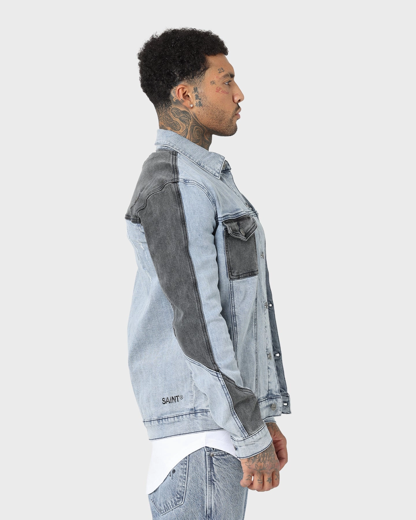 Saint Morta Patchwork Denim Jacket Light Blue/Black suitable for fashion contests Spectacles