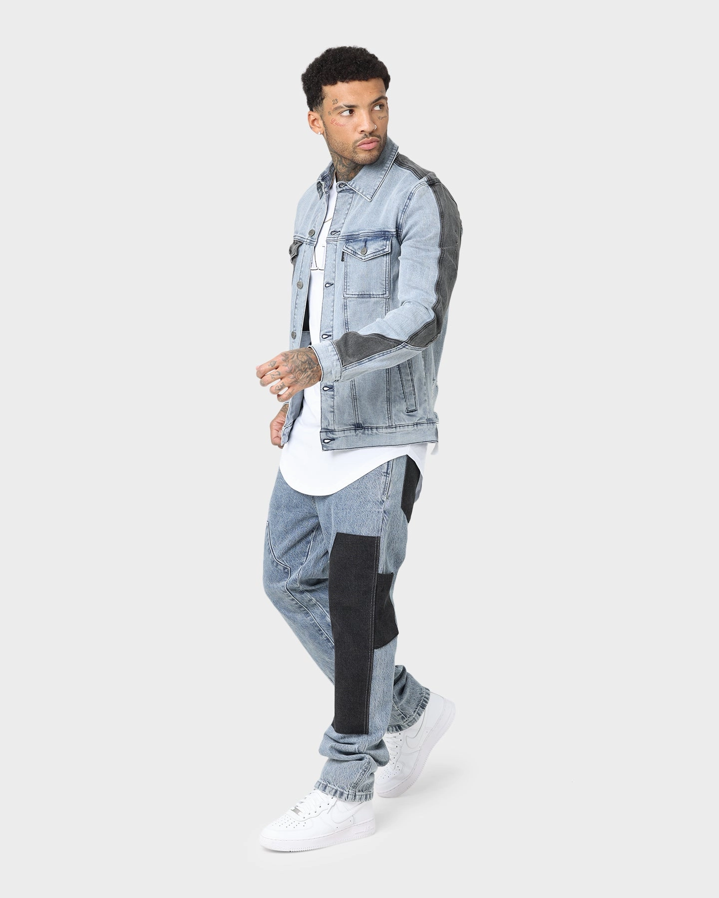 Utility Focus suitable for work commutes Saint Morta Patchwork Denim Jacket Light Blue/Black