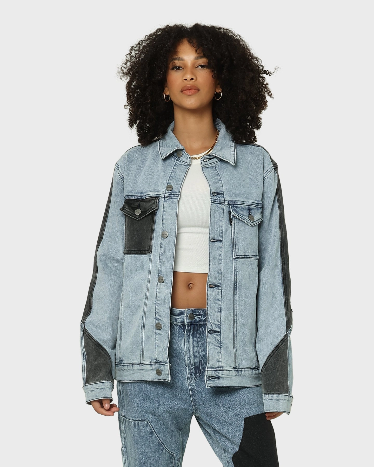 Saint Morta Patchwork Denim Jacket Light Blue/Black FullLengthZip