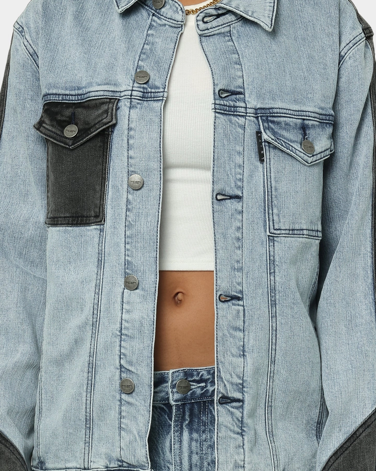 Saint Morta Patchwork Denim Jacket Light Blue/Black Winter Comfort