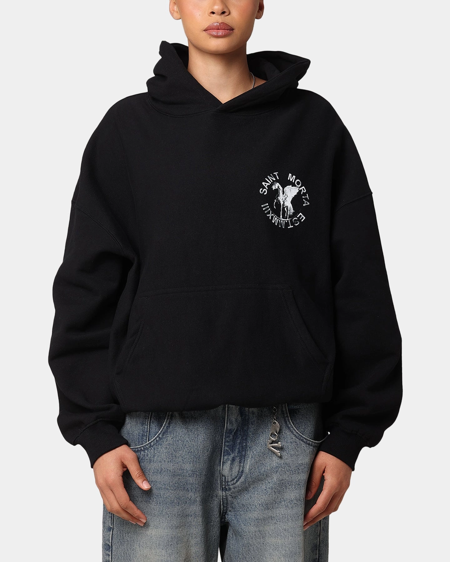 non adjustable PreShrunk Cotton Blend Saint Morta Pegasus Premium Hoodie Black