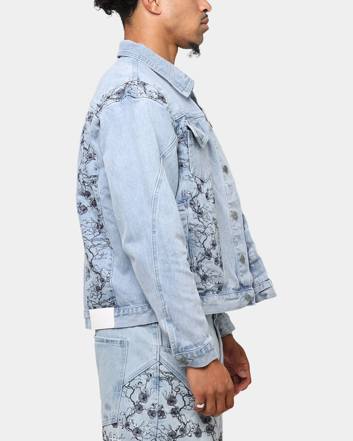 Saint Morta Poison Ivy Panel Denim Jacket Mid Blue Weatherproof Zipper Fashionable Outerwear