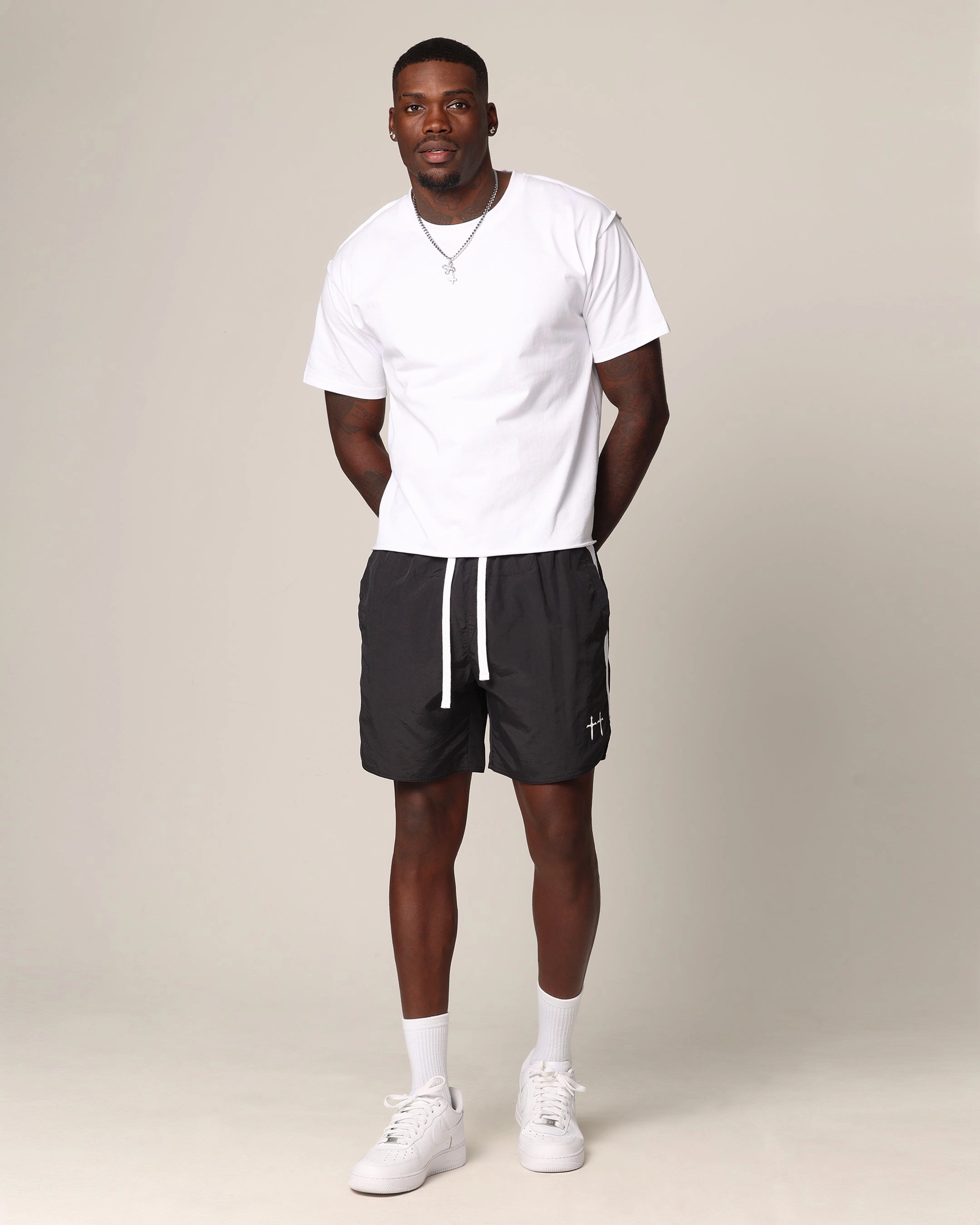 Saint Morta Relic Nylon Shorts Black/White Eco Conscious Packaging
