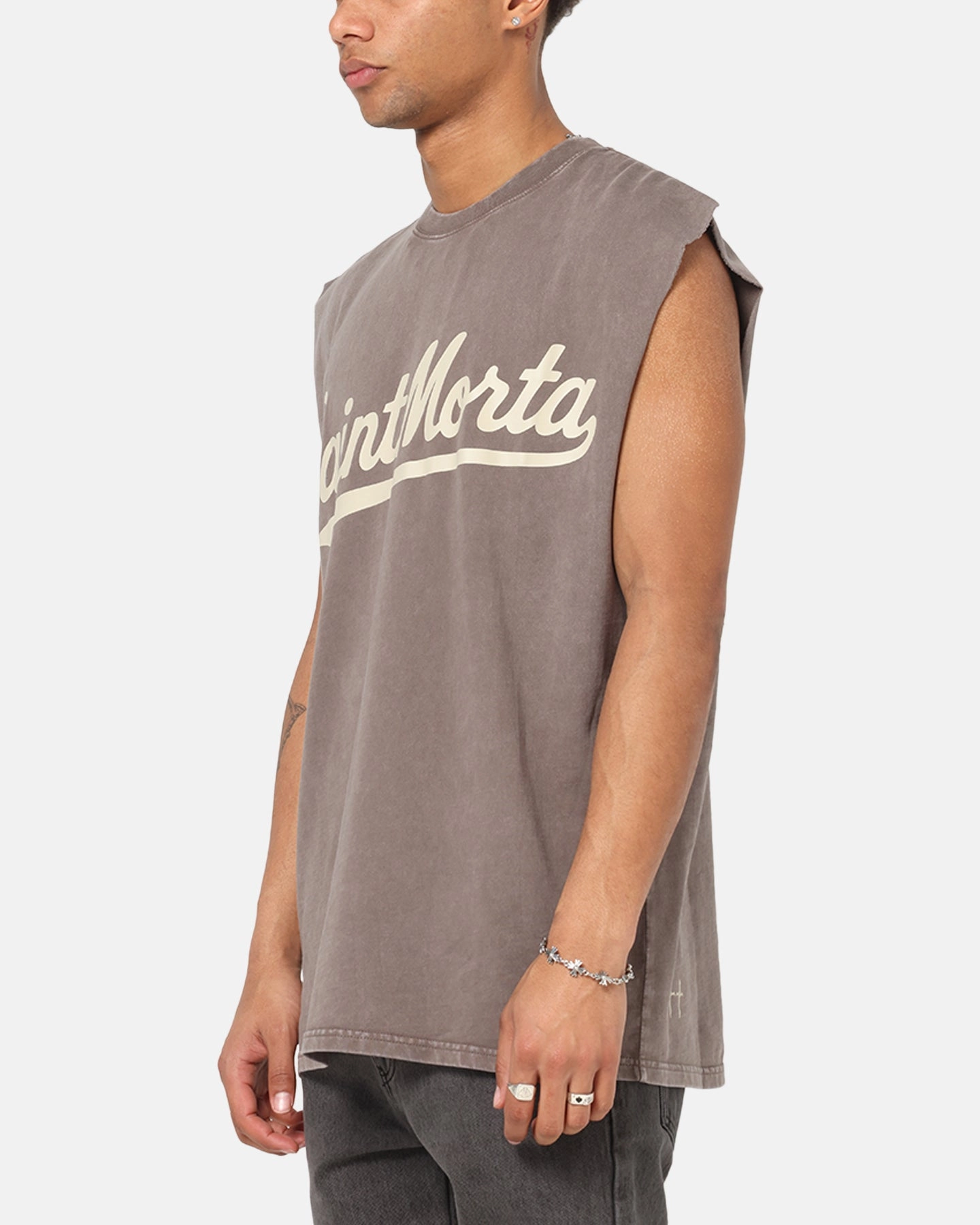 Layered Shoulder Design Versatile Look Saint Morta Script Oversized Muscle T-Shirt Washed Brown